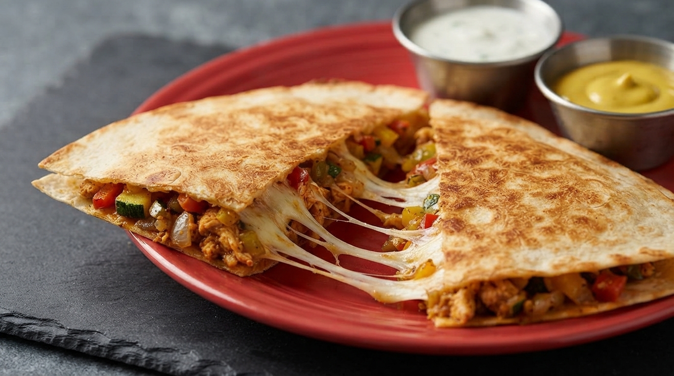Una quesadilla mexicana de pollo cortada que muestra un rico hilo de queso mozzarella, servida en un plato rojo vibrante con salsas para dipear.