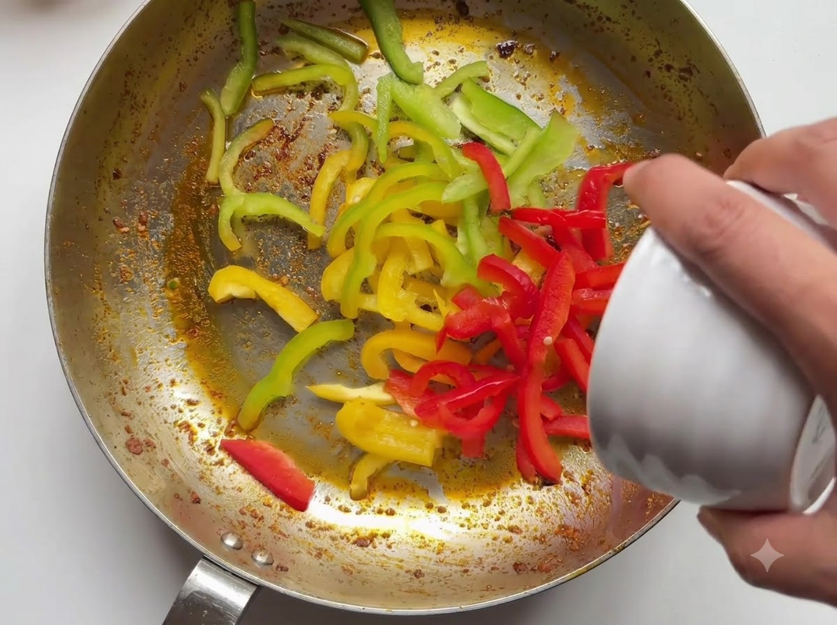 Tiras de pimiento rojo y verde junto con cebollas rojas siendo vertidas en la sartén desde un tazón pequeño.