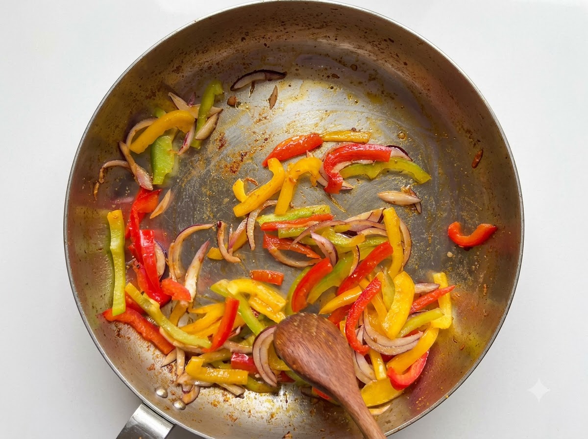 Porciones de mantequilla derritiéndose en una sartén que contiene los vegetales salteados restantes y los jugos sazonados.