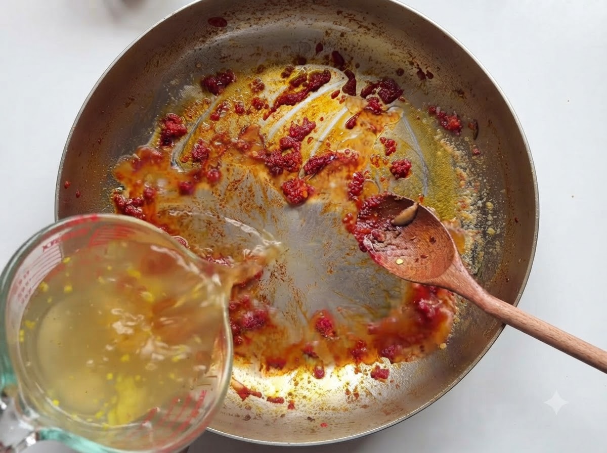 Caldo de pollo siendo vertido desde una taza medidora en una sartén con pasta de tomate y especias mientras se revuelve con una cuchara de madera.