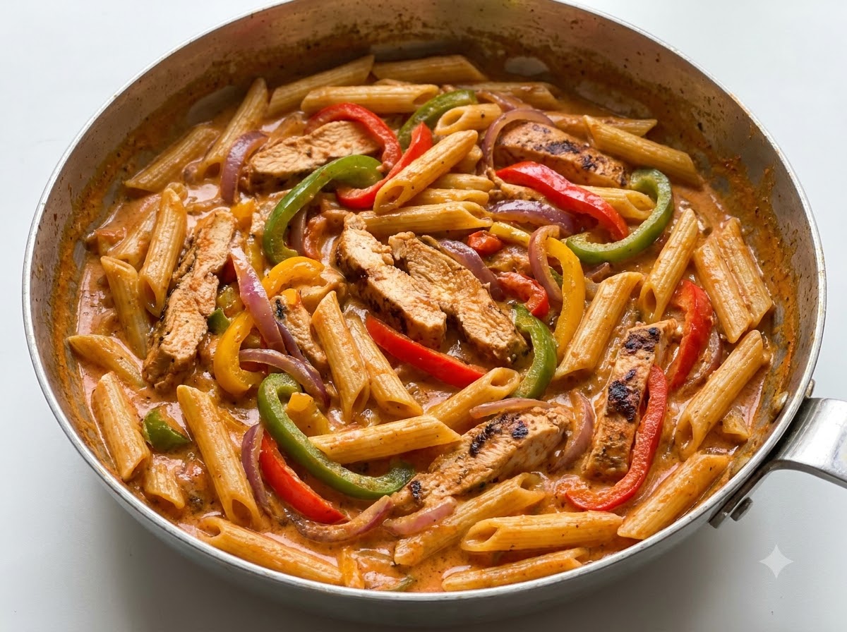 Pasta penne cocida mezclada con pimientos salteados, cebollas y pollo en rodajas en una salsa cremosa dentro de una sartén.