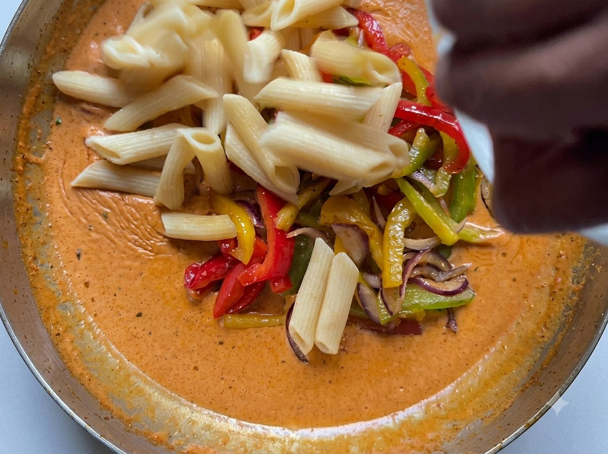 Pasta penne cocida siendo vertida desde un recipiente a una sartén llena de salsa cremosa de color naranja y vegetales en rodajas.