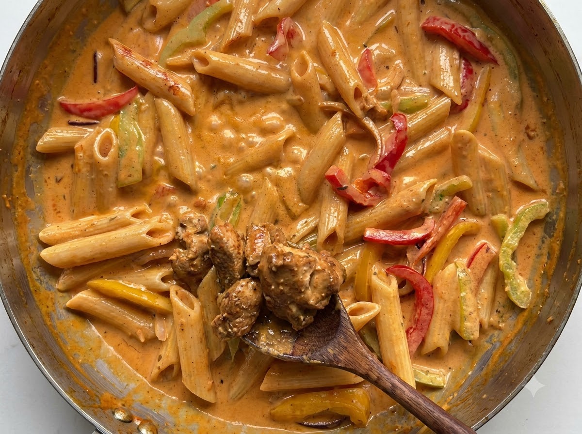 Trozos de pollo cocido siendo recogidos en una cuchara de madera e incorporados nuevamente a una sartén con pasta cremosa y vegetales.