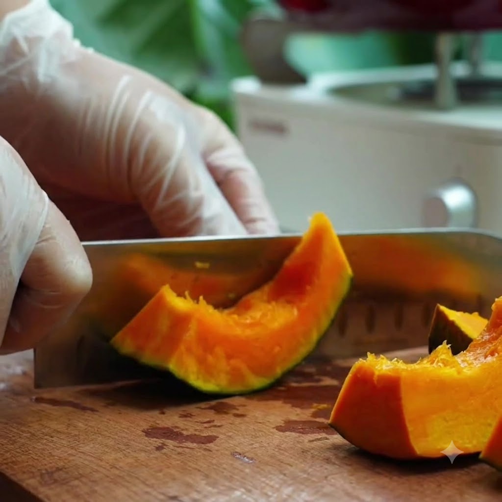 Un cuchillo cortando un trozo de calabaza naranja en una tabla de cortar de madera.
