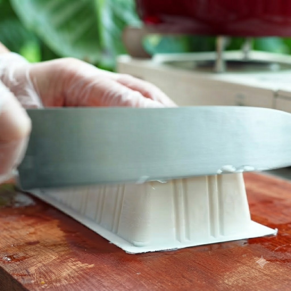 Un cuchillo afilado cortando un bloque de tofu blanco en una tabla de madera.