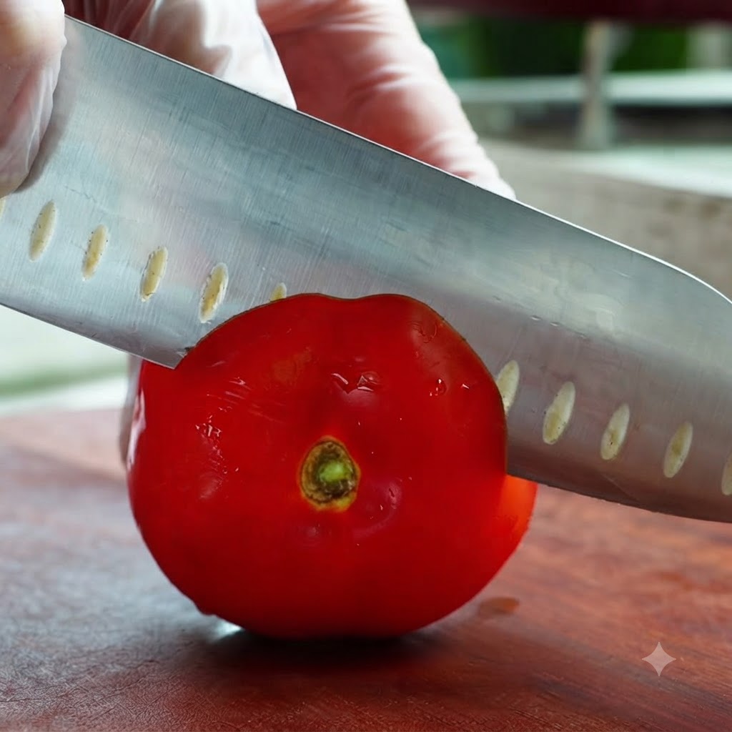 Un cuchillo de chef afilado cortando un tomate rojo fresco en una tabla de madera.