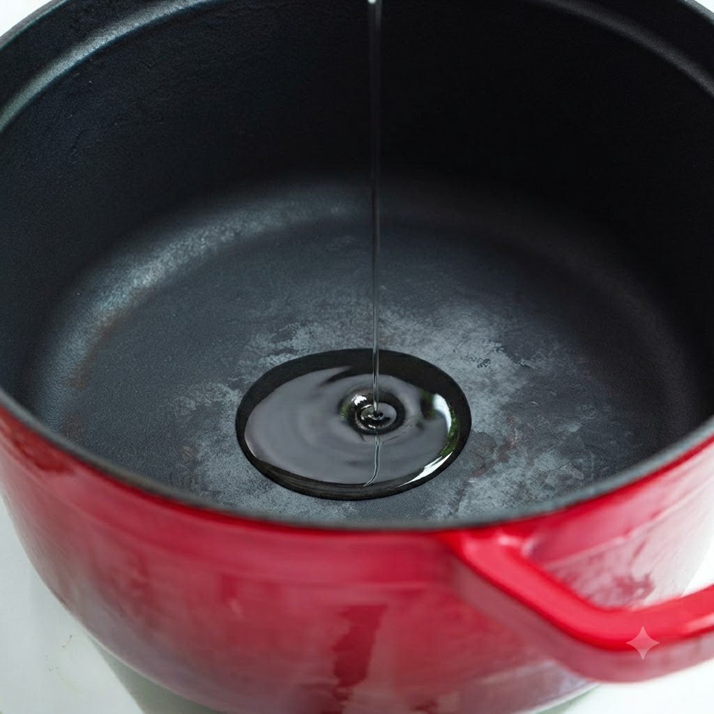 Aceite y trozos de calabacín amarillo añadidos a una olla roja en una estufa.