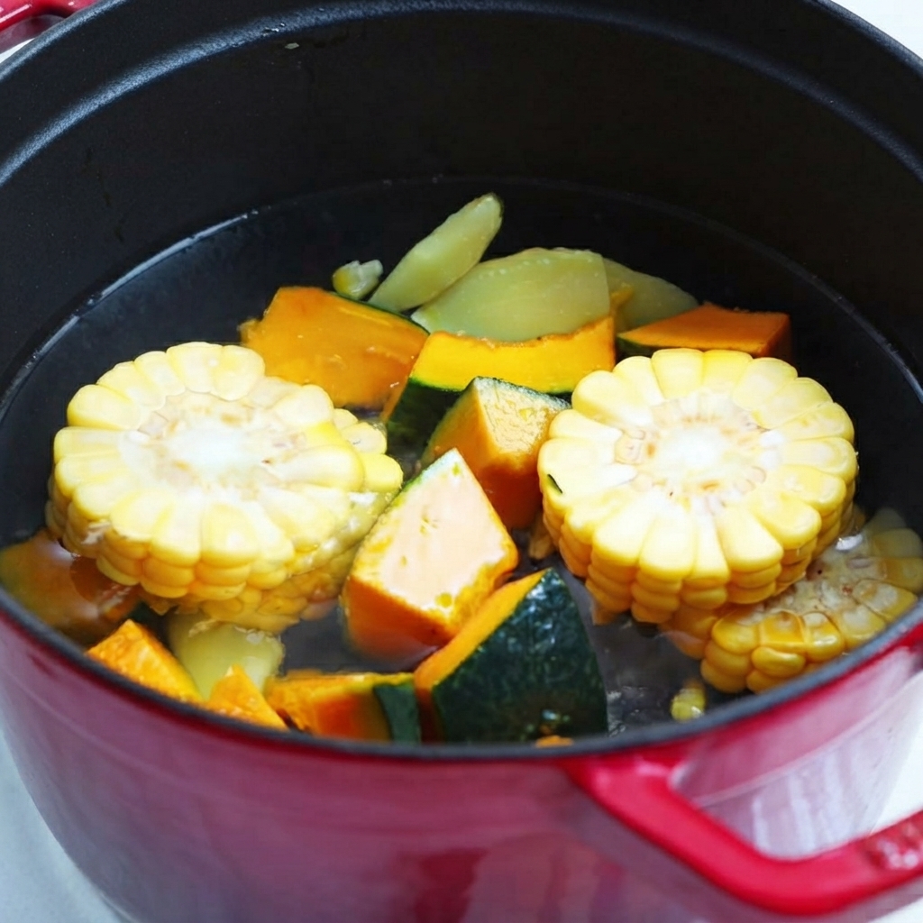 Agua vertiéndose en la olla roja llena de trozos de calabaza y maíz.