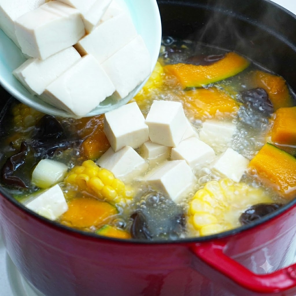 Trozos de tofu blanco en rodajas vertidos desde un tazón en la olla de verduras a fuego lento.