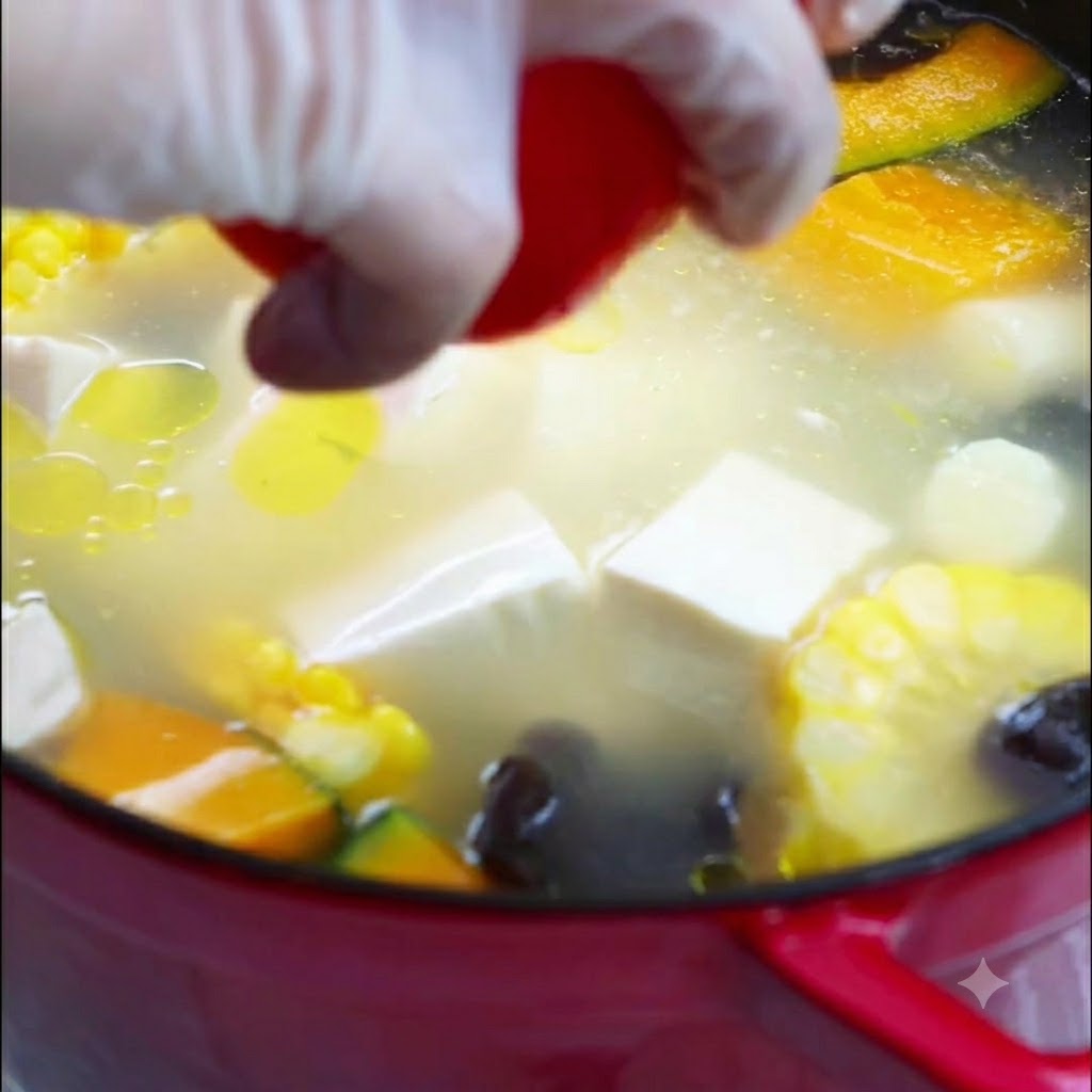 Un tomate rojo entero añadido en el centro de una olla de sopa de verduras hirviendo.