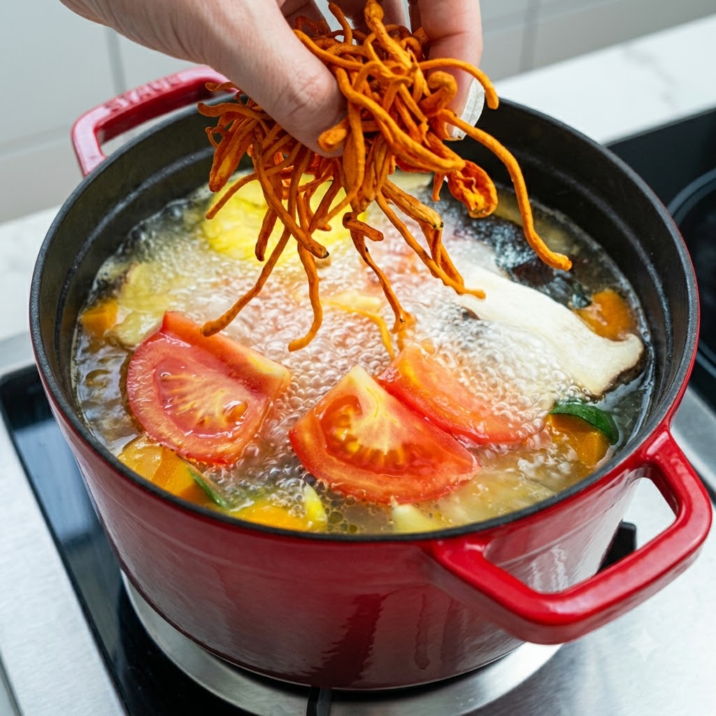 Hongos Cordyceps militaris de color naranja brillante arrojados a la sopa de verduras hirviendo.