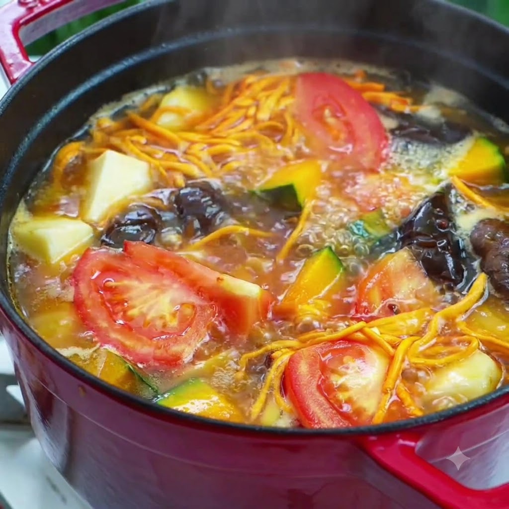 Primer plano de sazonador siendo espolvoreado en una olla vibrante y hirviendo de sopa vegetariana.