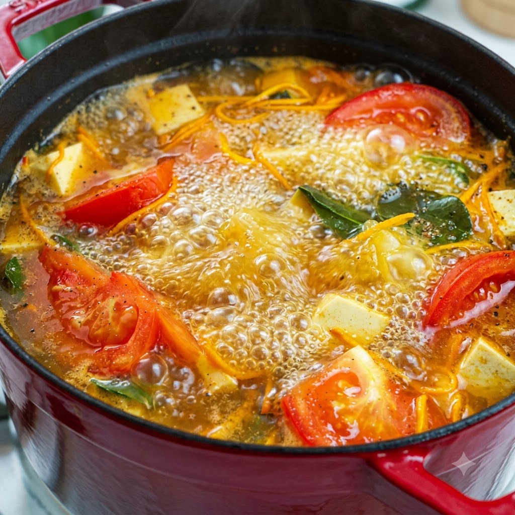 Pimienta negra recién molida y espolvoreada sobre la superficie de una olla de sopa hirviendo.