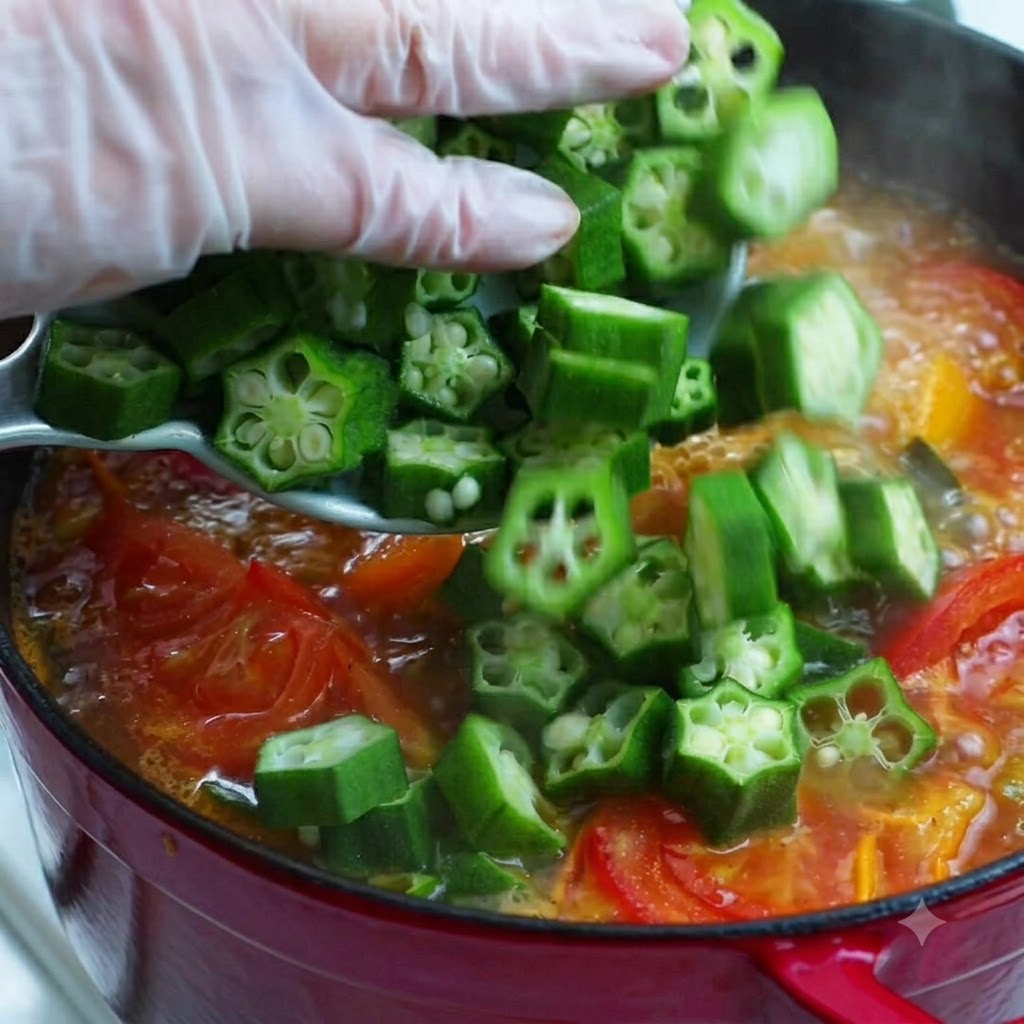 Manos con guantes añadiendo okra verde recién cortada en rodajas en una olla de sopa hirviendo vibrante con tomates.