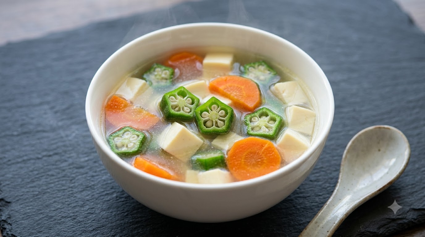 Sopa de Jade Blanco con Okra, Zanahoria y Tofu