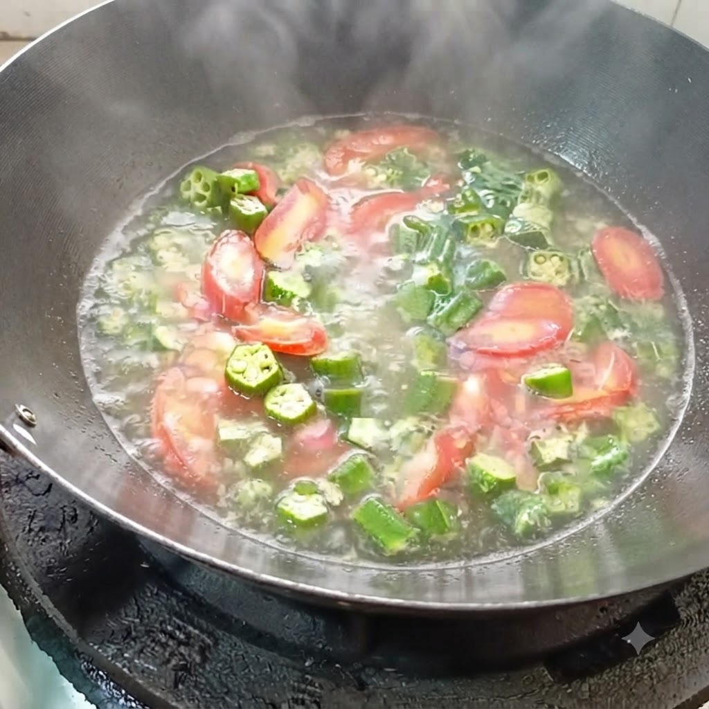 Agua hirviendo siendo vertida en el wok con las verduras salteadas.