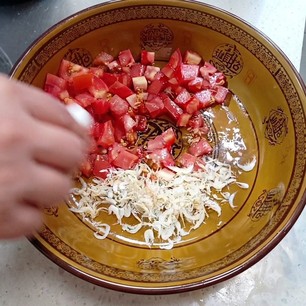 Tomates en cubos y camarones secos en un tazón siendo sazonados con sal y azúcar.