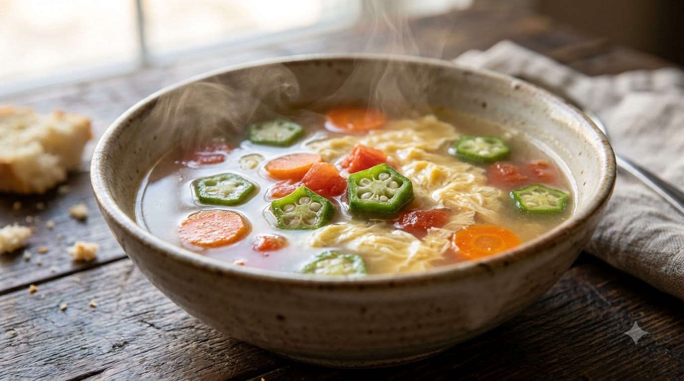 Sopa de Okra y Tomate con Cintas de Huevo