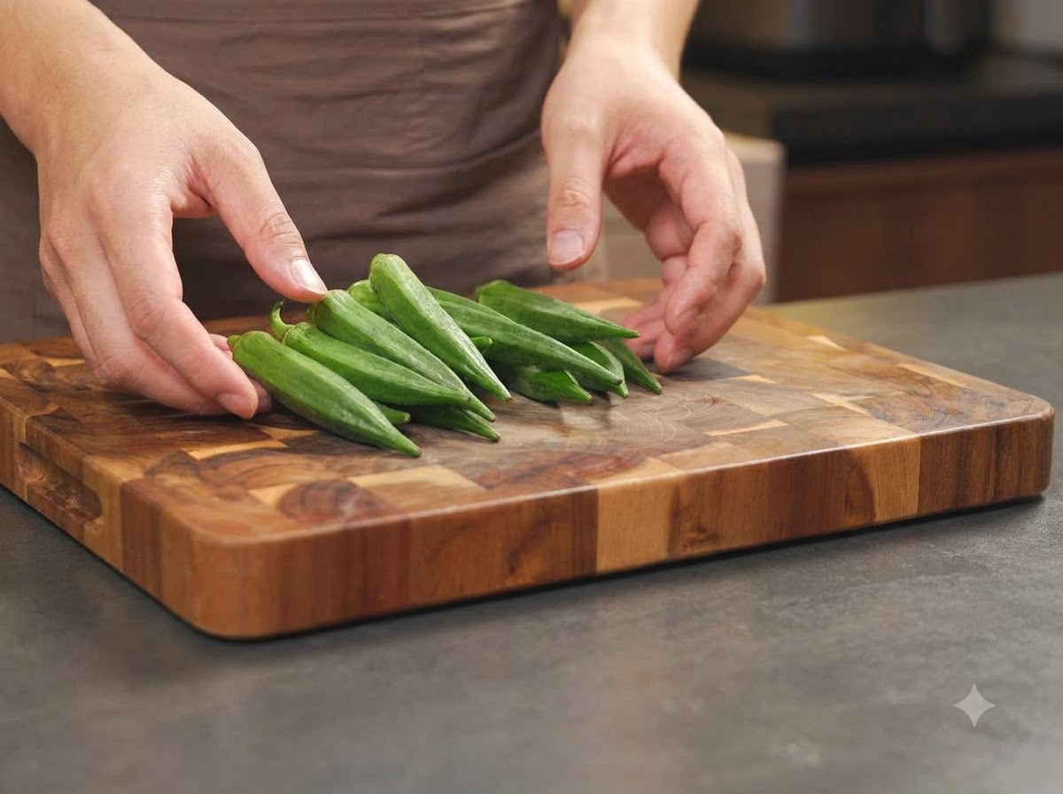 Manos frotando sal en vainas de okra enteras y frescas dispuestas sobre una tabla de cortar.