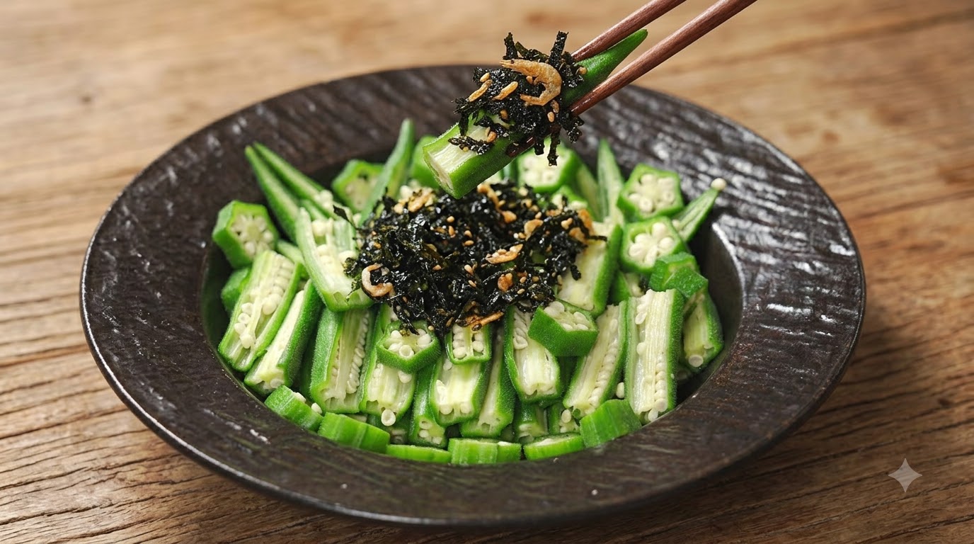 Okra Fría con Algas Crujientes y Aderezo de Limón