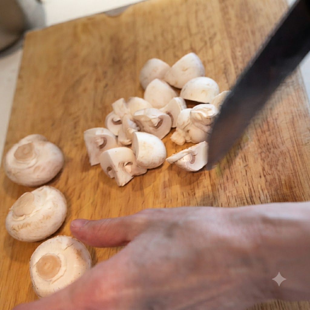 Tiras de tocino siendo cortadas en trozos más pequeños con un cuchillo afilado sobre una tabla de cortar de madera.