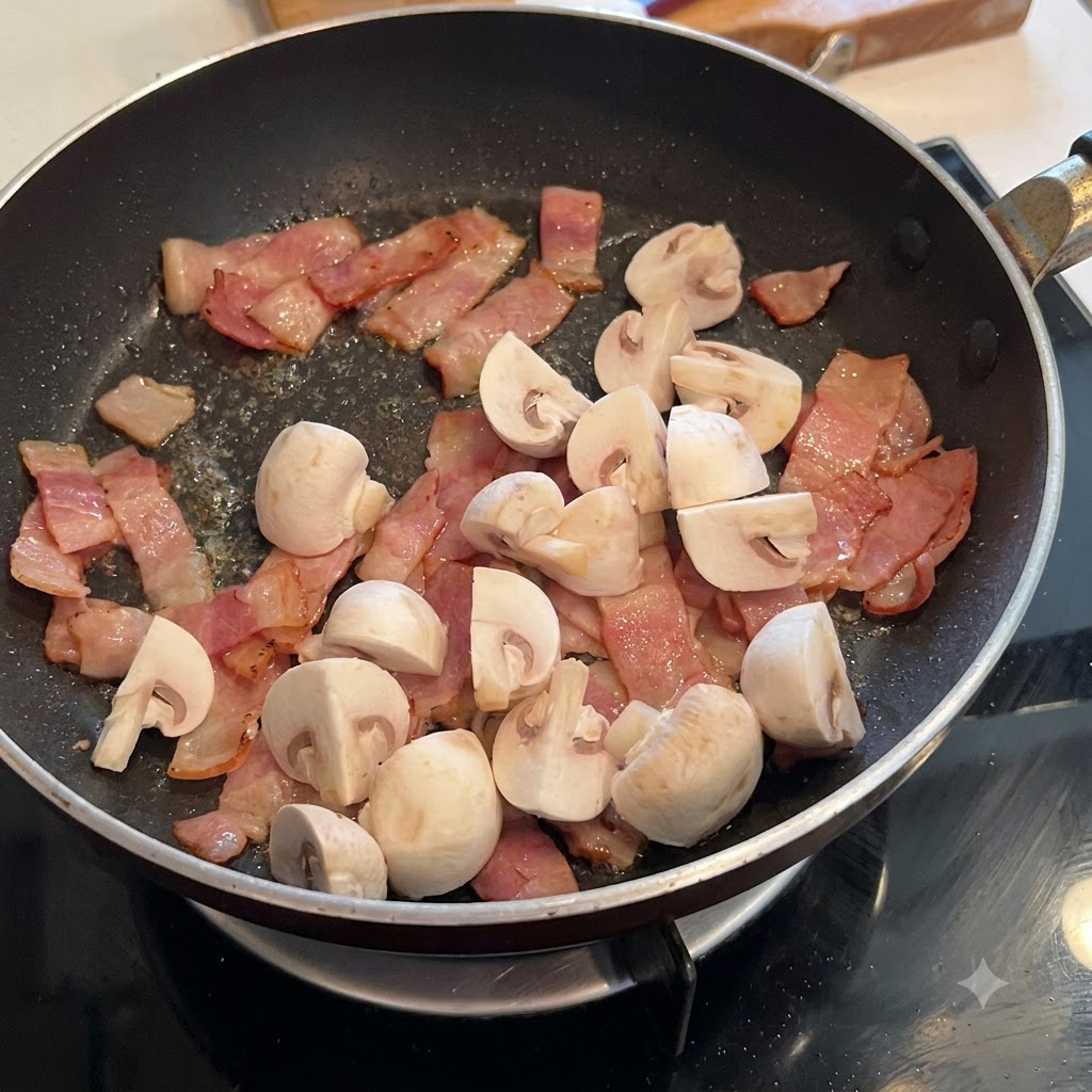 Trozos de champiñones blancos mezclados con tocino en una sartén, sazonados con pimienta negra y sal.