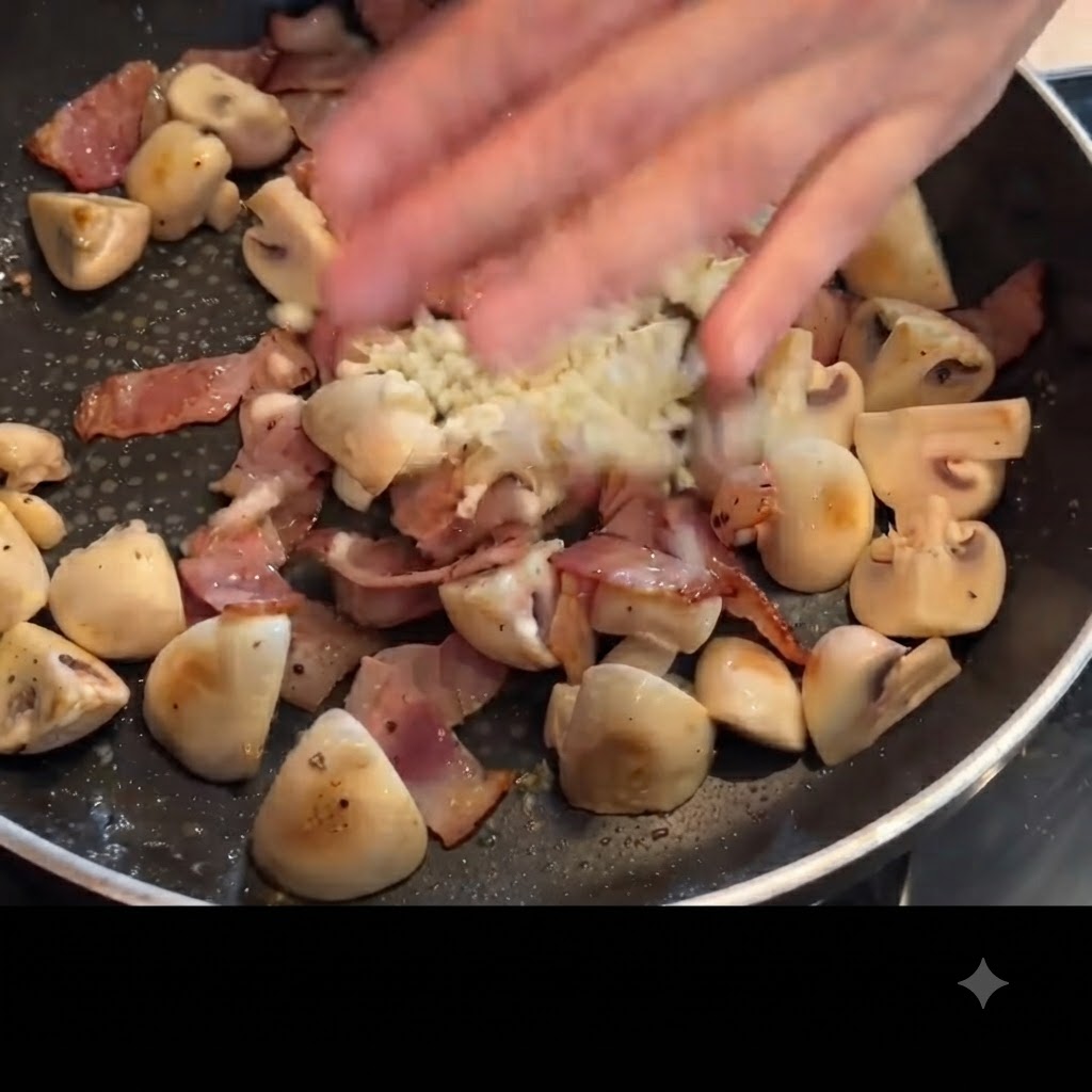 Ajo picado fresco cayendo sobre la mezcla de champiñones y tocino en la sartén.
