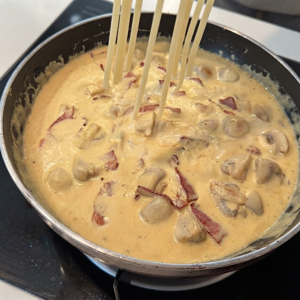 Fideos de espagueti recién cocidos cayendo en una sartén llena de salsa cremosa burbujeante.
