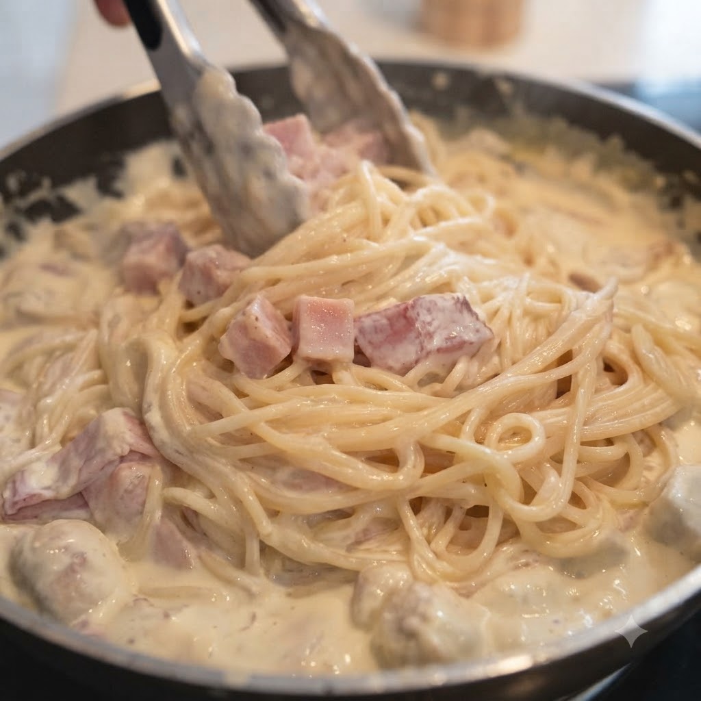Pasta espagueti y salsa cremosa mezclándose con pinzas de cocina en una sartén.