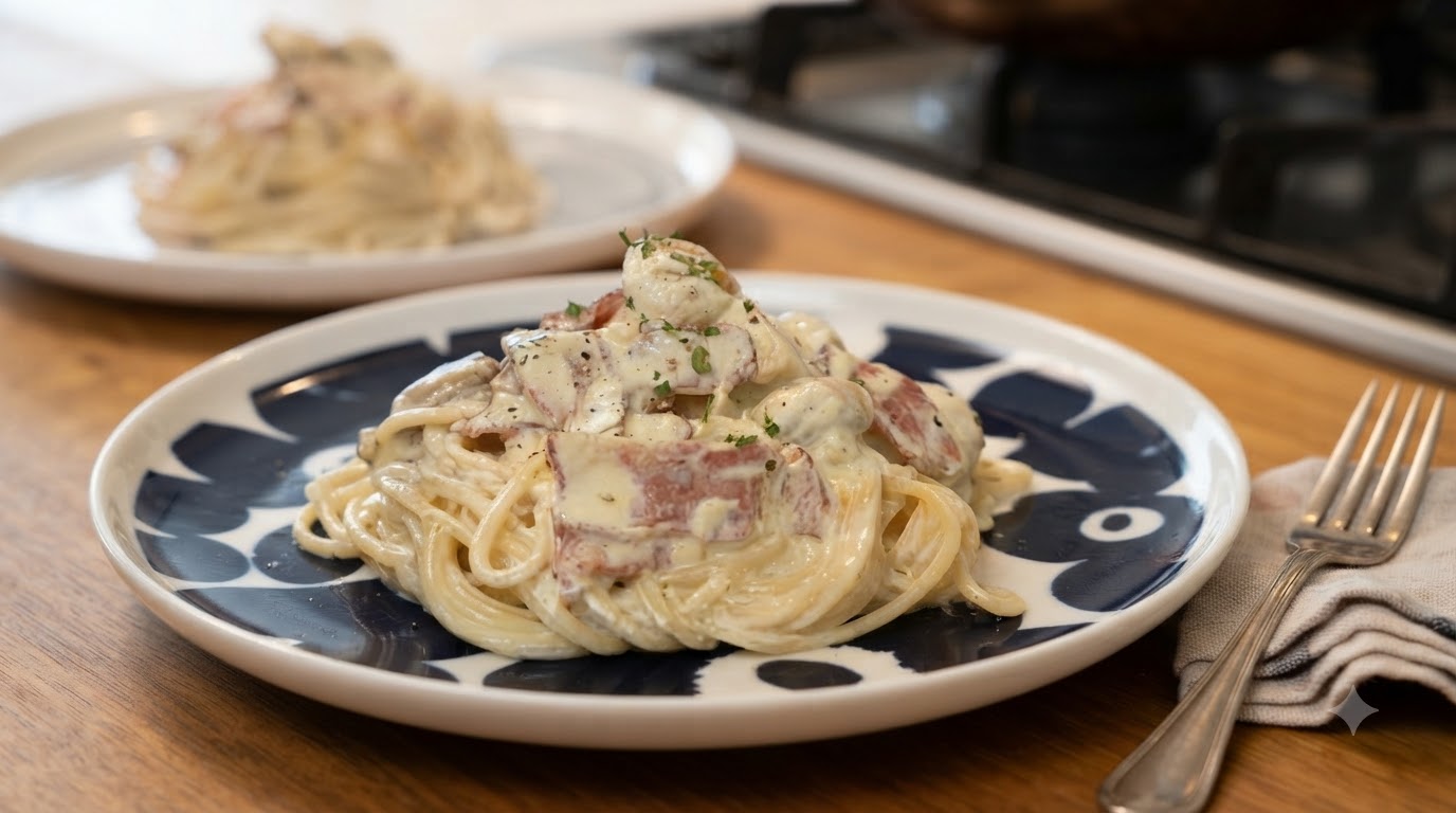 Pasta Clásica con Hongos y Tocino en Salsa Cremosa