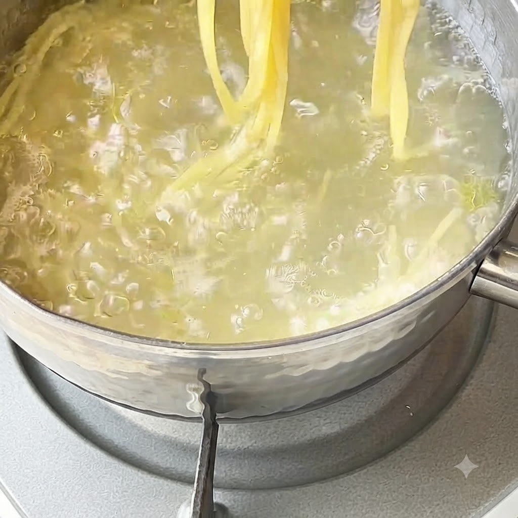 Espaguetis cocidos siendo enjuagados con agua fría usando pinzas de cocina.