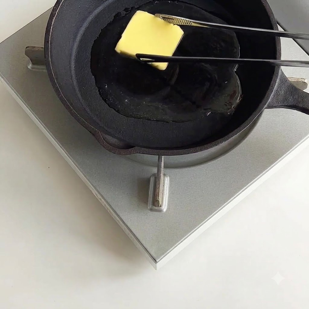 Mantequilla derritiéndose en una sartén de hierro fundido caliente.