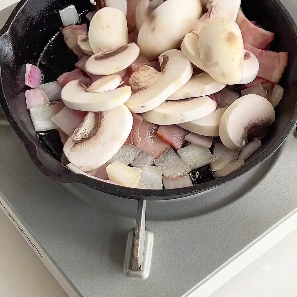 Champiñones blancos en rodajas colocados en una sartén con trozos de tocino y cebolla.