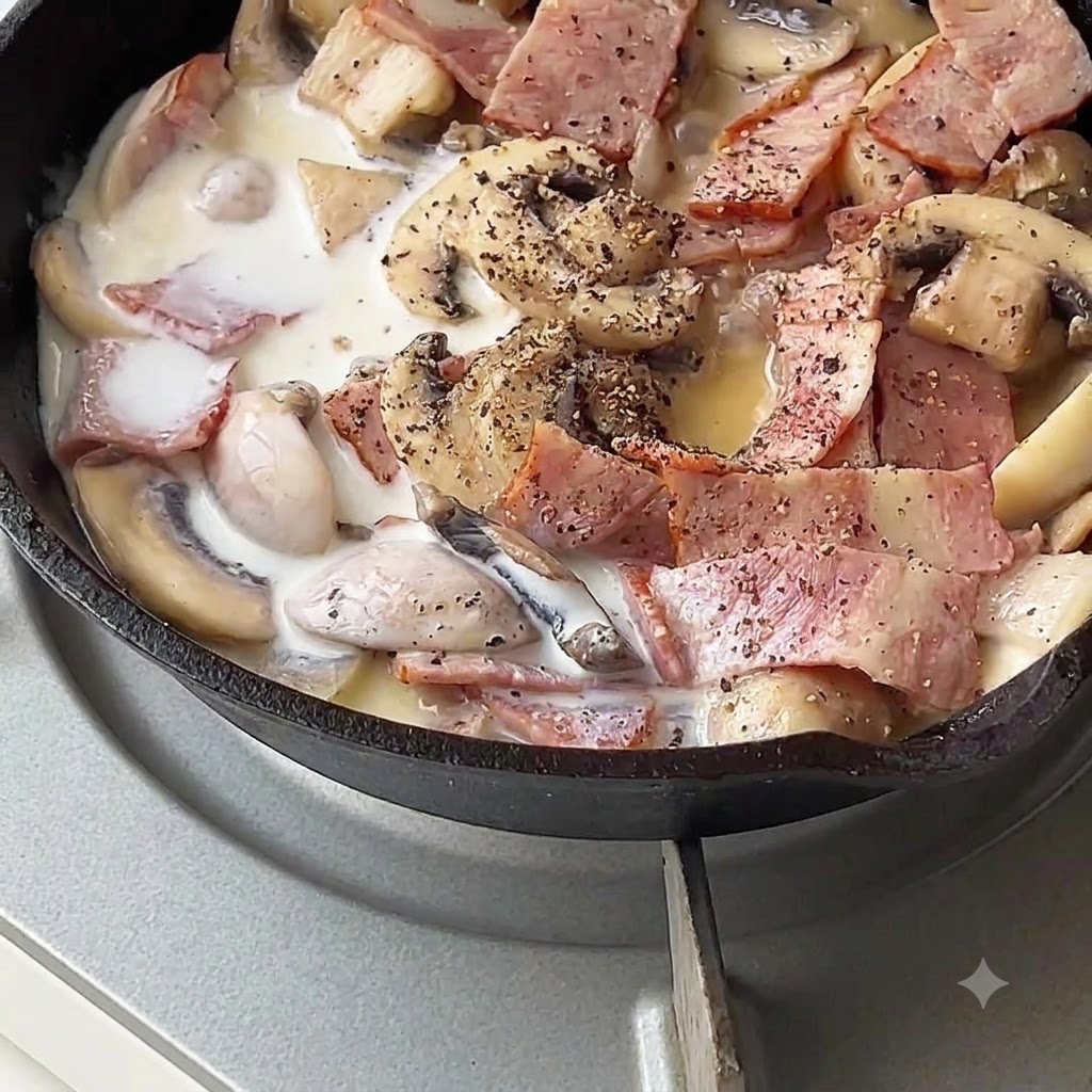 Leche y crema siendo vertidas en una sartén con tocino y champiñones.