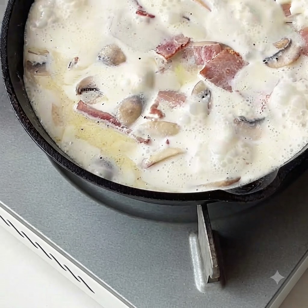 Pasta cocida siendo agregada a una salsa blanca cremosa y burbujeante en una sartén.