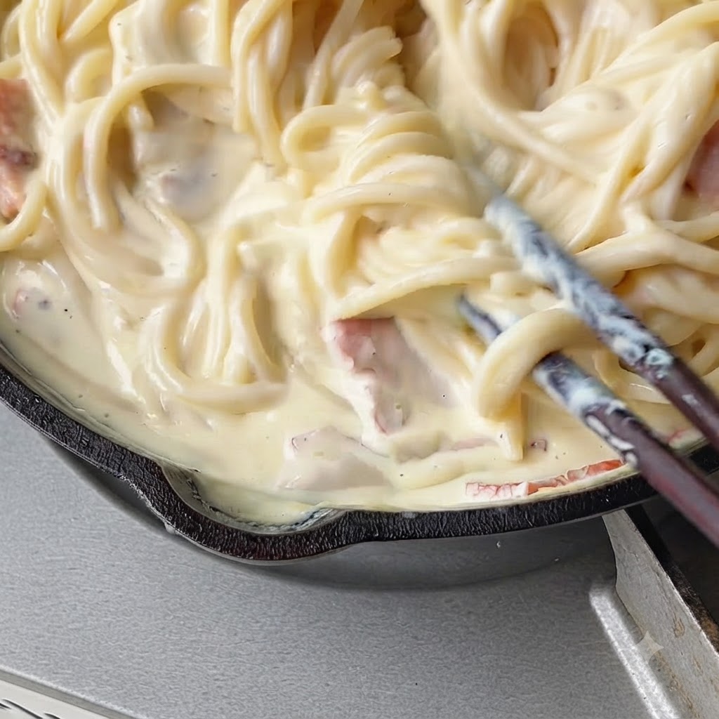 Pasta siendo revuelta y mezclada en una salsa cremosa usando utensilios de cocina.