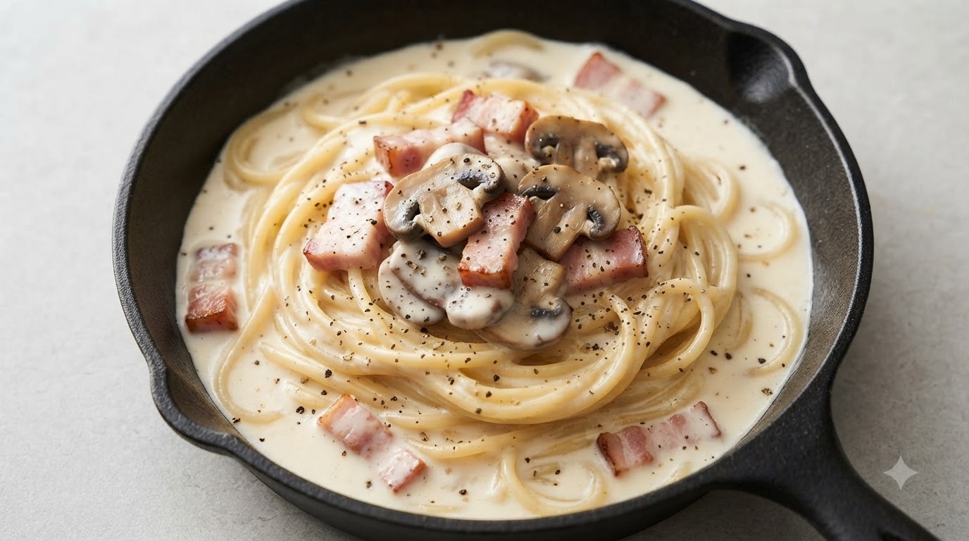 Una sartén de hierro fundido con pasta cremosa de tocino y champiñones, cubierta con una salsa blanca aterciopelada y adornada con pimienta negra recién molida.