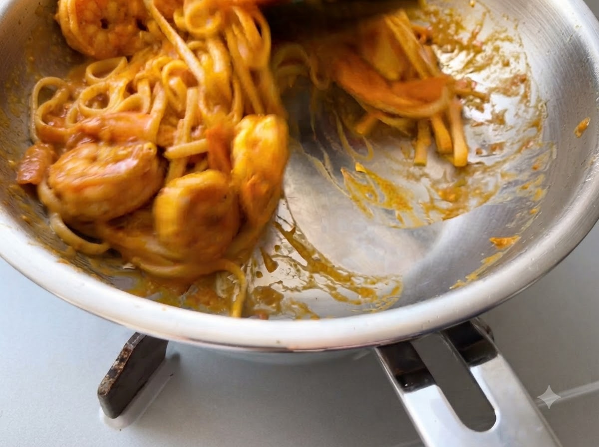 Pasta cocida siendo mezclada y combinada con una salsa de tomate espesa dentro de una sartén grande.