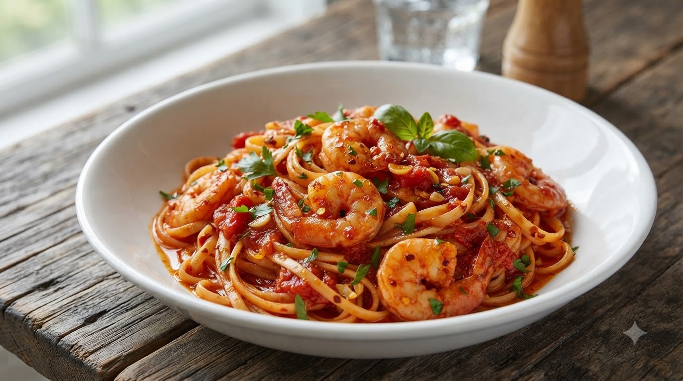 Pasta con Tomate, Ajo y Camarones al Chilli