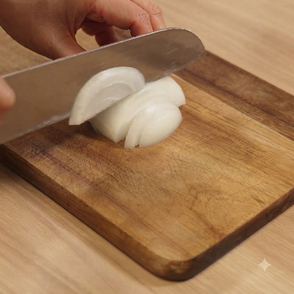 Una cebolla siendo cortada en rodajas con un cuchillo de cocina afilado sobre una tabla de madera.