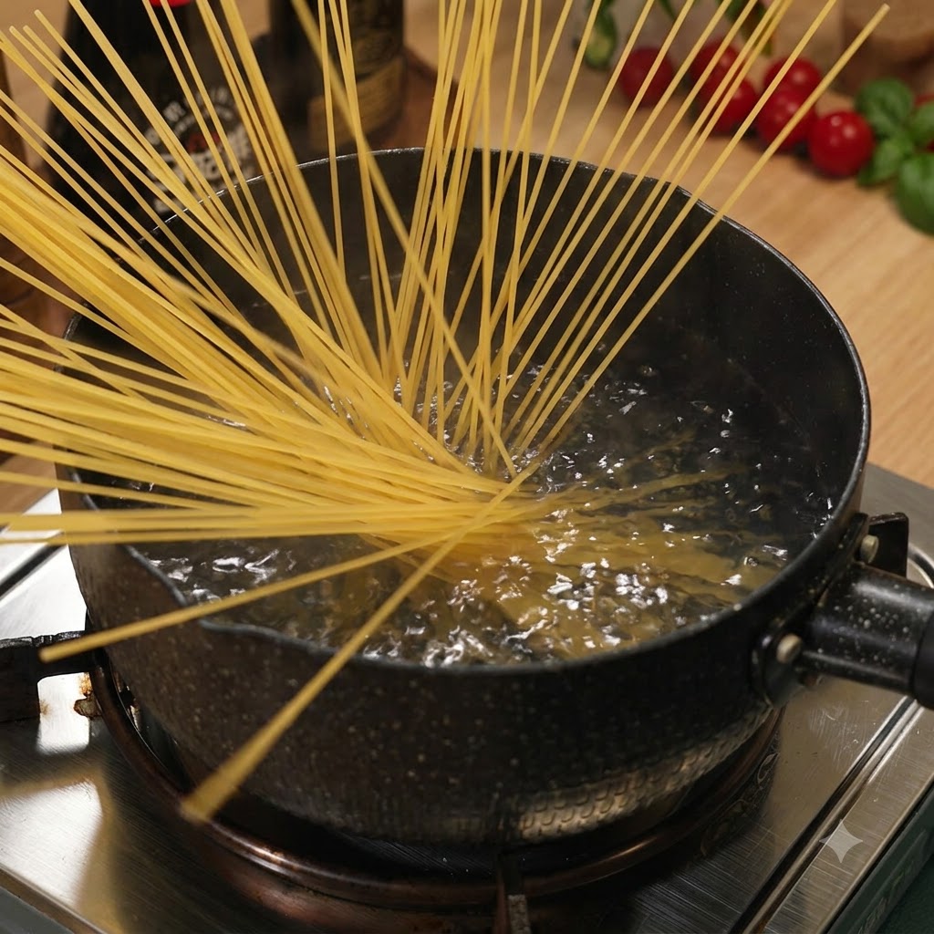 Fideos de espagueti cocinándose y ablandándose dentro de una olla con agua hirviendo en una estufa.
