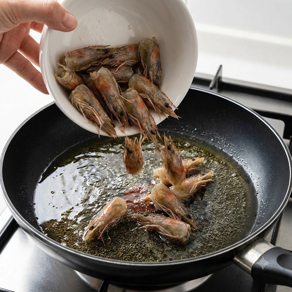 Cabezas de camarón siendo vertidas desde un tazón blanco en una sartén con aceite burbujeante para extraer sabor.