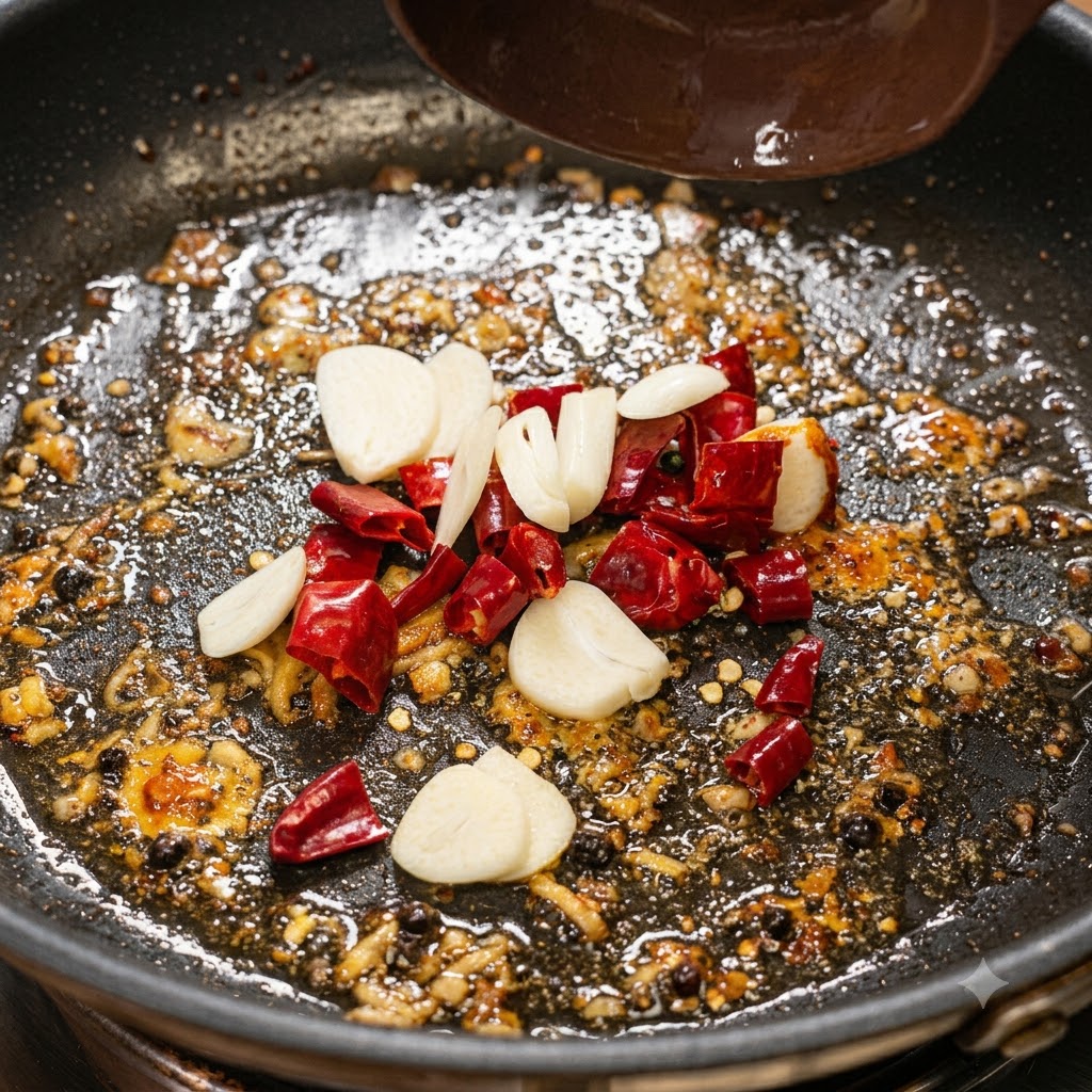 Rodajas de ajo, chiles rojos secos y cebollas friéndose juntos en una sartén con aceite.