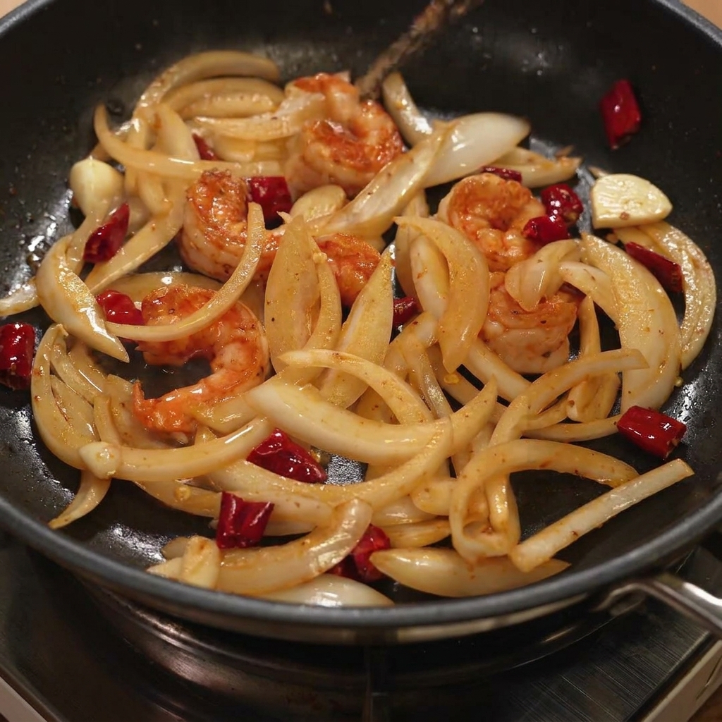 Vino blanco y salsa picante coreana siendo vertidos y mezclados en la sartén con camarones y cebollas.