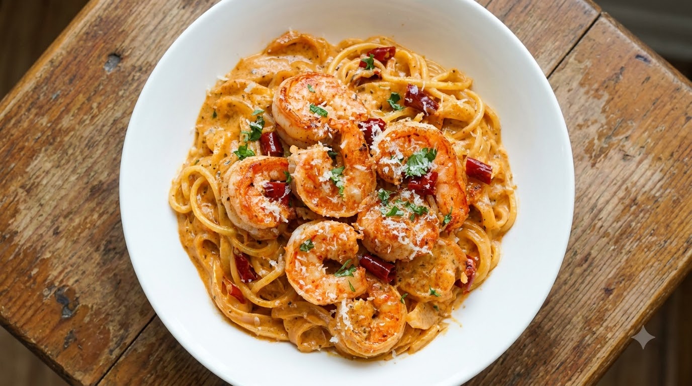 Pasta con Crema de Trufa Negra y Camarones Picantes