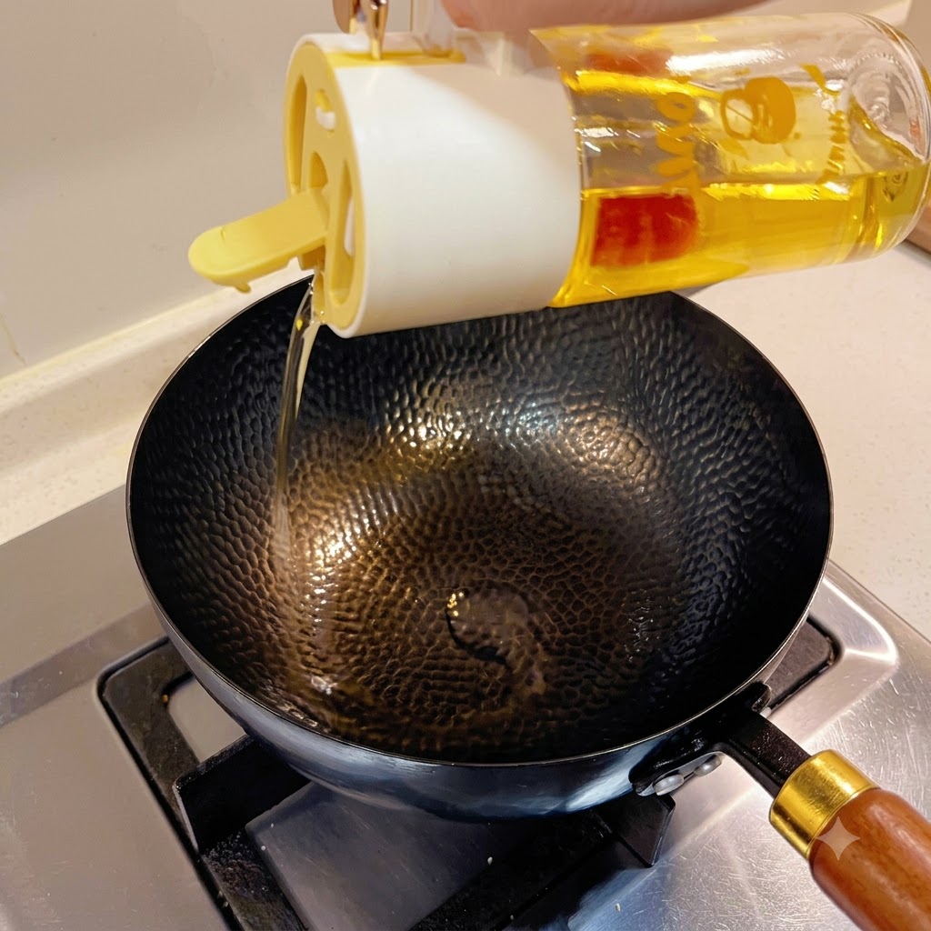 Aceite de cocina siendo vertido desde un dosificador de vidrio en un wok negro martillado sobre una estufa.