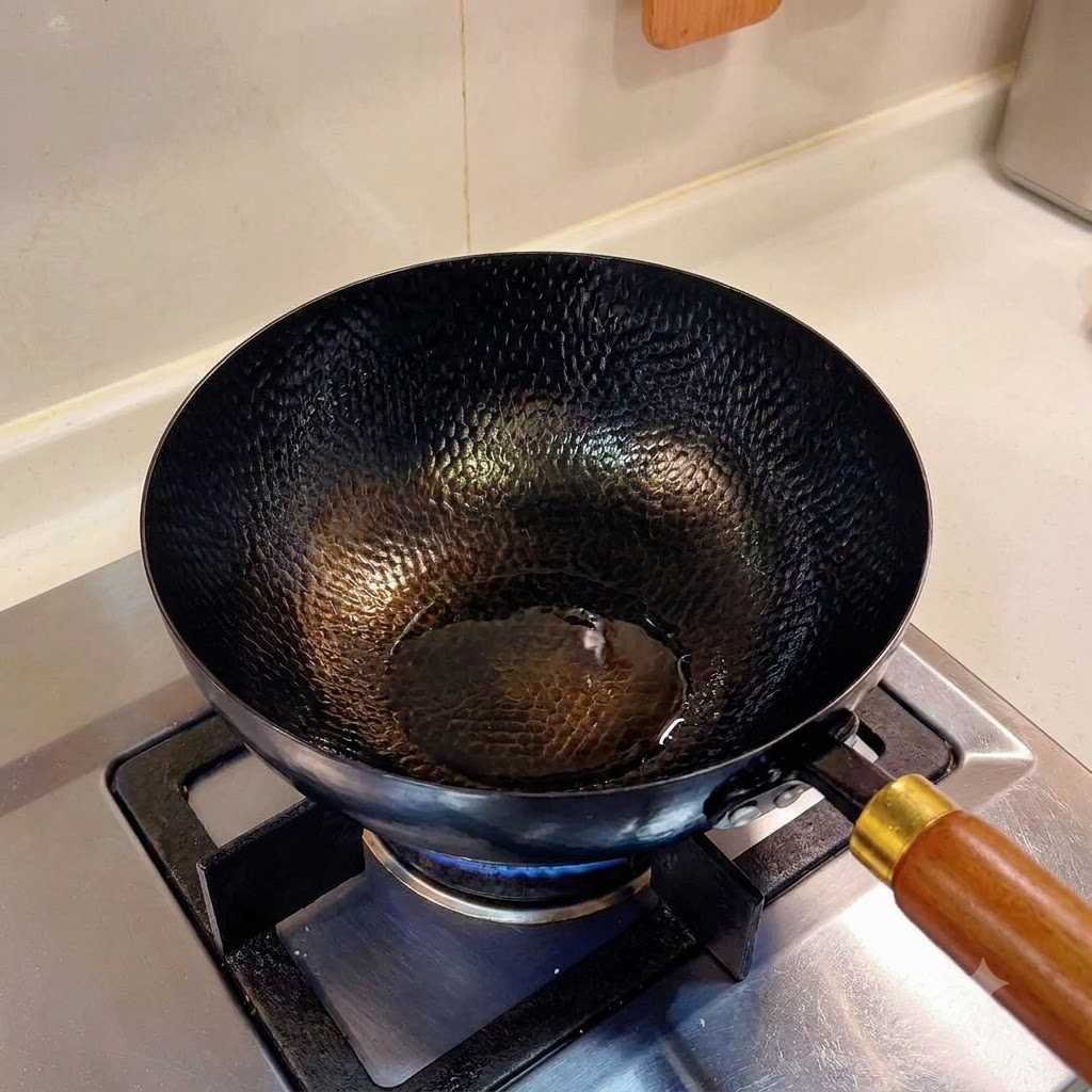 Aceite caliente brillando en el wok negro colocado sobre una llama azul en la estufa.