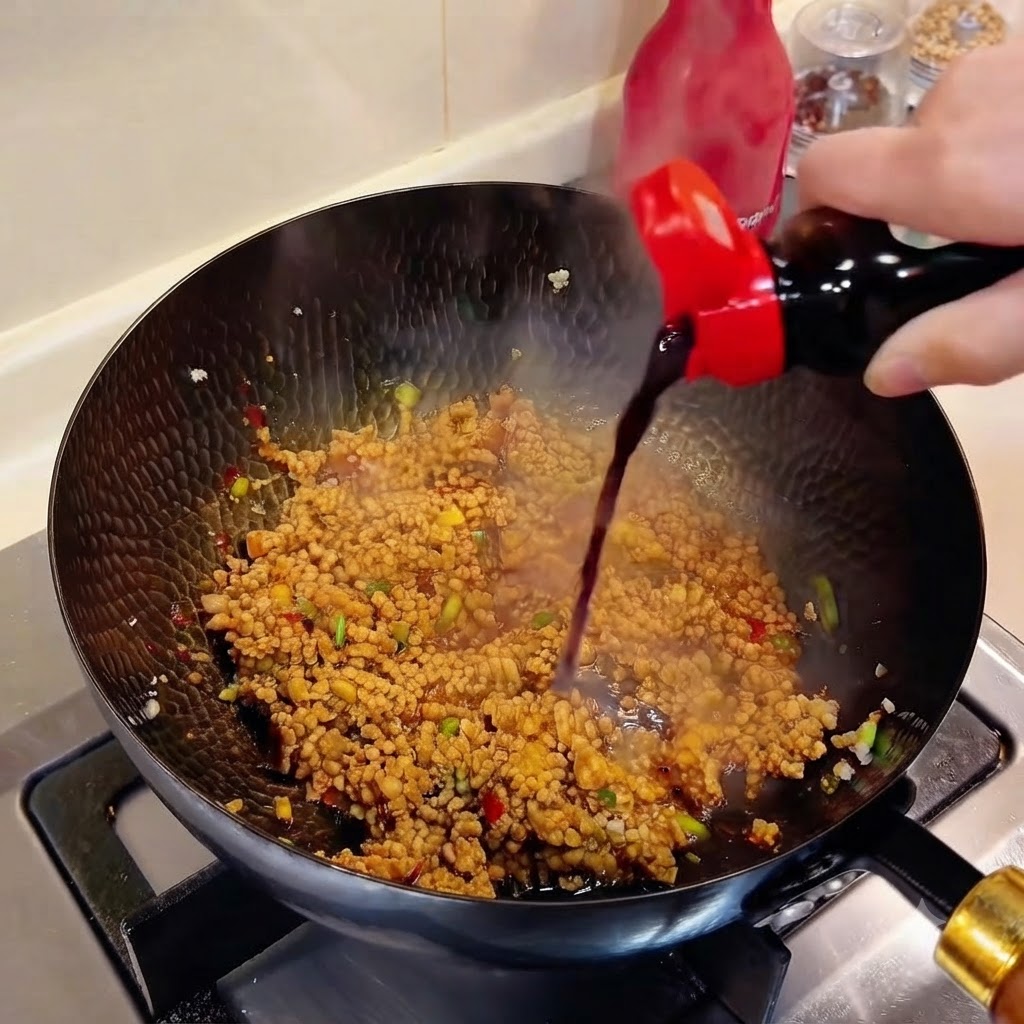 Salsa de soja oscura siendo vertida desde una botella en un wok chisporroteante con carne picada sazonada.
