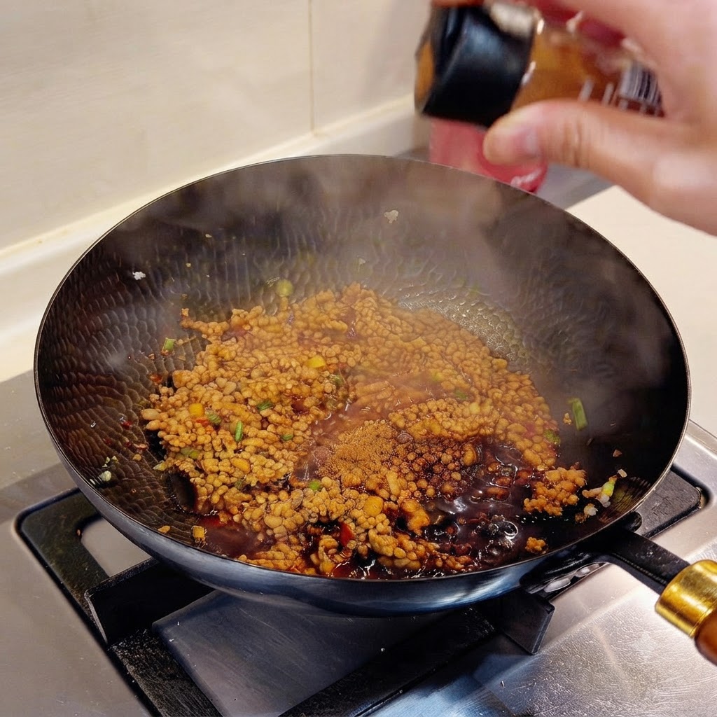 Salsa de carne picada sazonada siendo salteada en un wok negro con vapor visible elevándose.