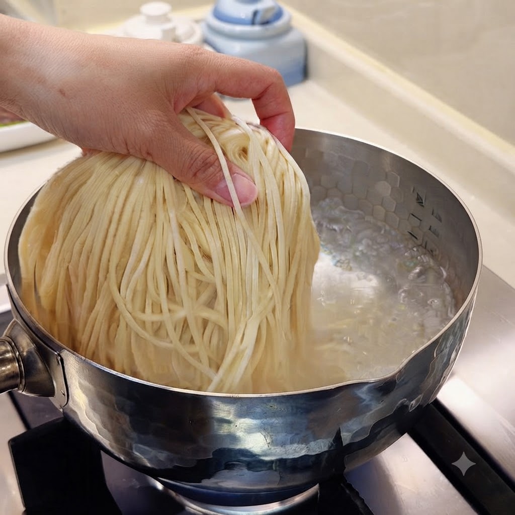 Fideos frescos siendo introducidos en una olla con agua hirviendo a borbotones.